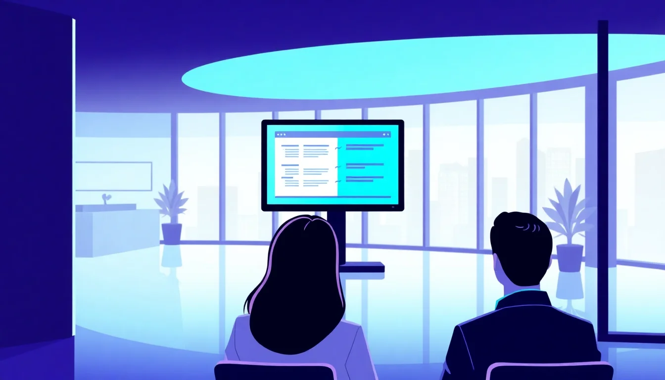 Two leasing agents reviewing the Living Page on a monitor