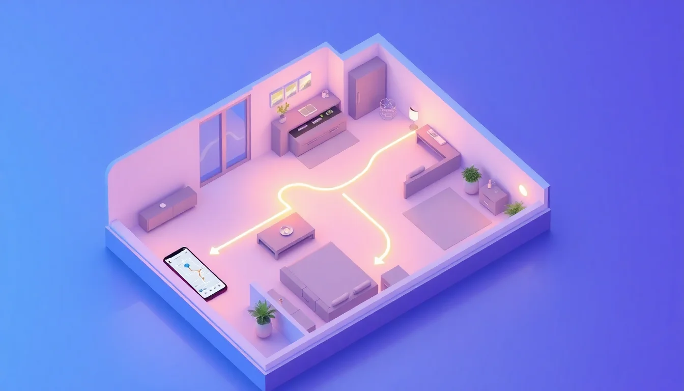 Floor plan with turn-by-turn navigation overlay
