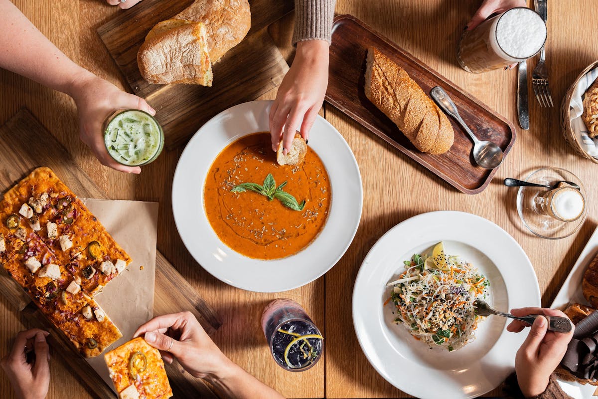 Family-style brunch overhead at Olive & Finch (real photo)