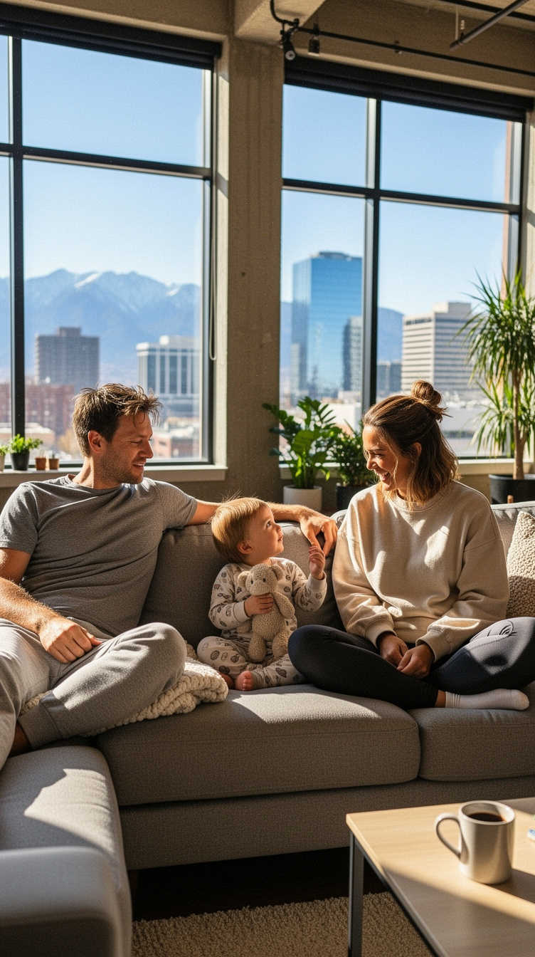 A family relaxing in a sunlit loft with skyline views
