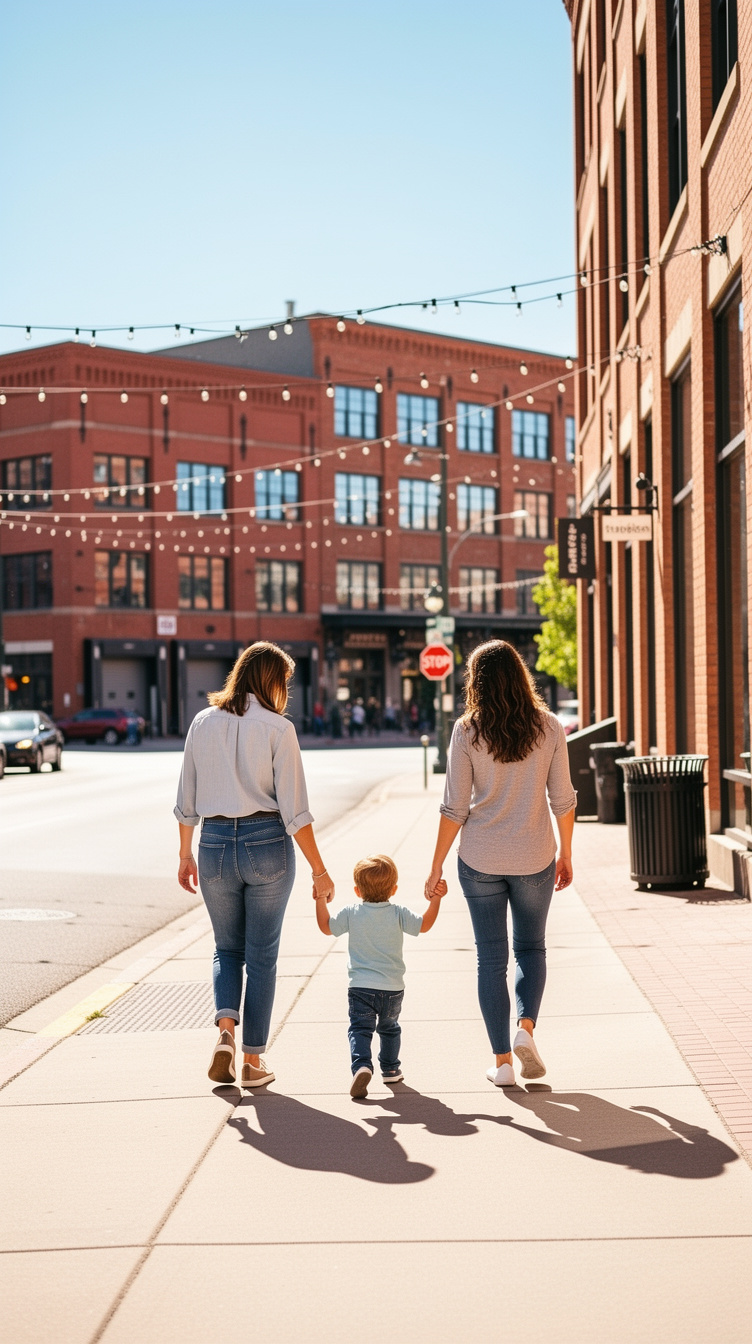 A family walking the LoDo block together
