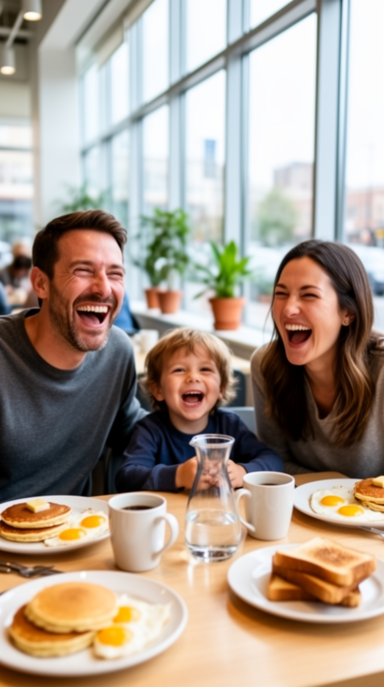 A family laughing over brunch at the corner cafe